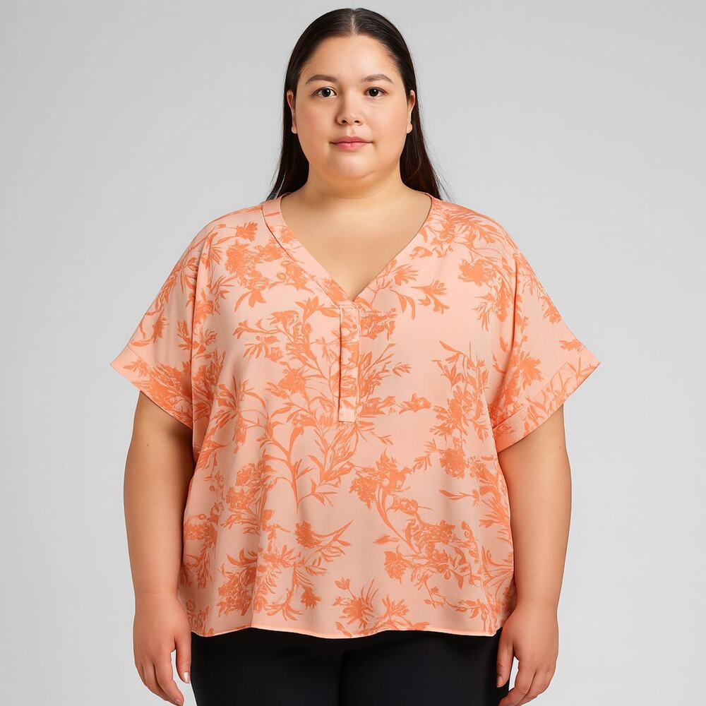 Belle by Kim Gravel Chic Summer Bloom Blouse Peach Floral Print, Size 4X NWOT